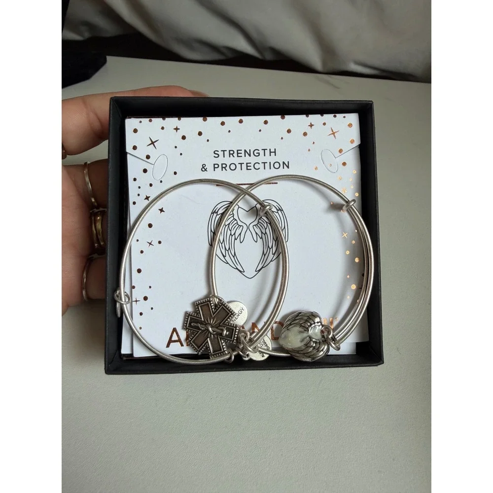 2 bangles Alex and Ani Strength & Protection Medical Cross Angel Wing Silver